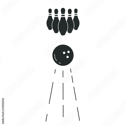 Simple silhouette icon bowling alley with skittles and ball