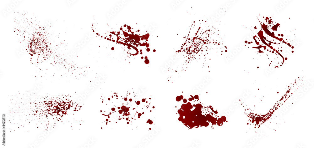 Set of realistic bloody splatters. Drop and blob of blood. Bloodstains. Isolated. Vector illustration isolated on white background. Red puddles	