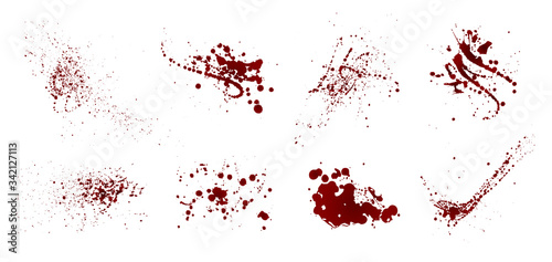 Set of realistic bloody splatters. Drop and blob of blood. Bloodstains. Isolated. Vector illustration isolated on white background. Red puddles	