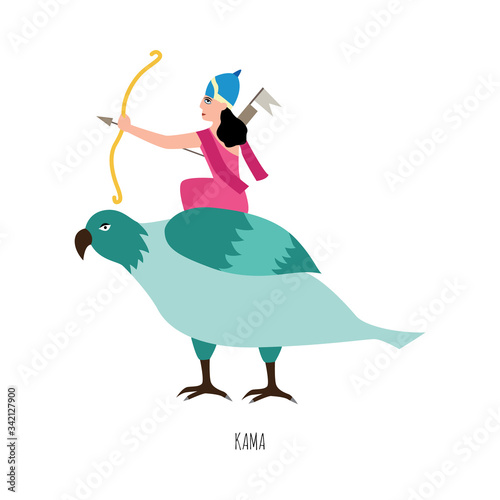 Indian goddess Kama or Kamadeva on parrot flat vector illustration isolated.