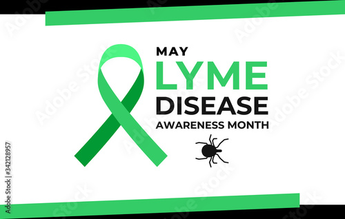 Lyme disease awareness month. Vector banner, warning poster for social media. Illustration of Lyme disease borreliosis. Green ribbon, text and image of the tick.