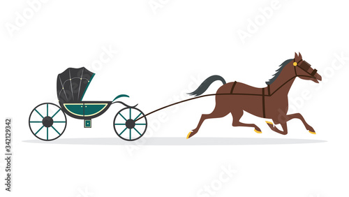 Brown cartoon horse carrying green carriage wagon