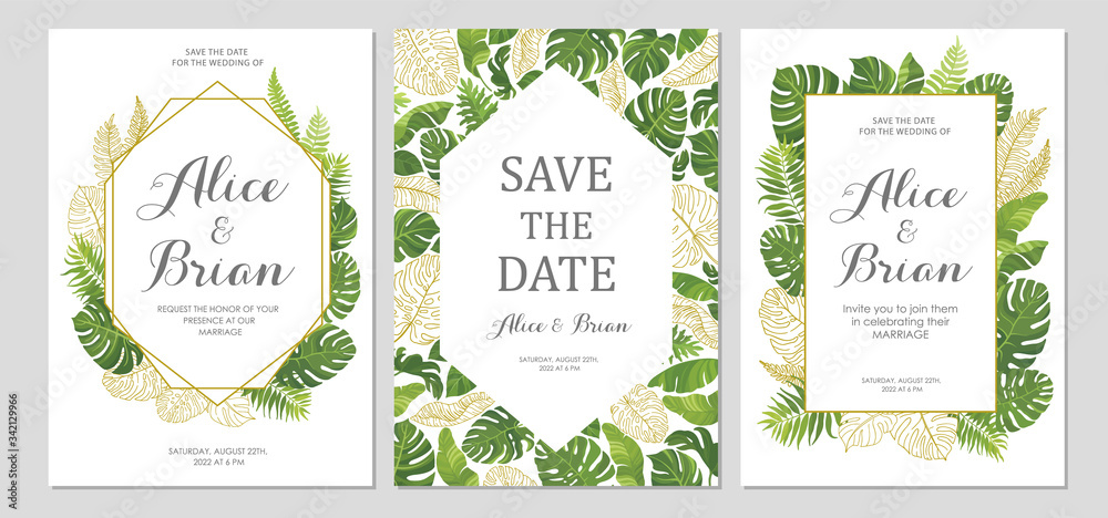 Wedding invitation set. Cards with tropical green leaves and line art graphic. Floral border. Save the date, invite, birthday card design. Vector illustration.