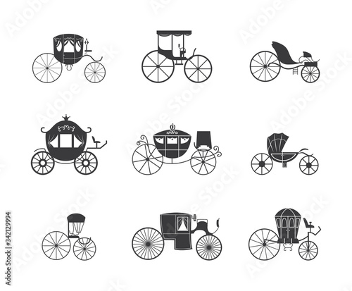 Stampa su tela Vintage carriage and coach wagon icon set isolated on white background