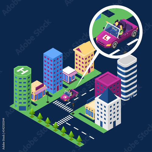 Isometric 3d vector illustration - a woman practicing driving a car with instructor - Driving Course, City Buildings - Website landing page