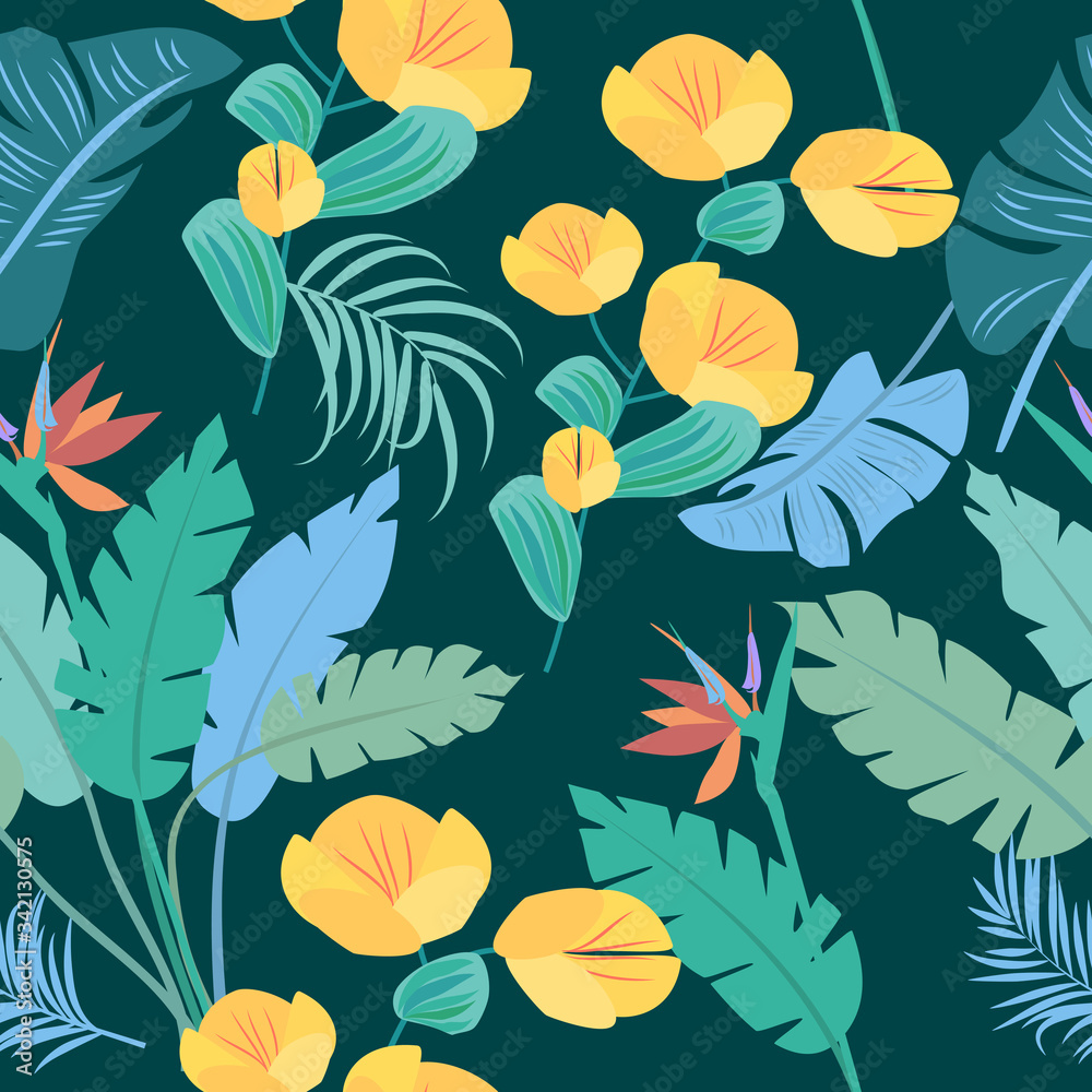 Vector tropical jungle seamless pattern with palm trees leaves and flowers Vector tropical jungle seamless pattern with palm trees leaves and flowers
