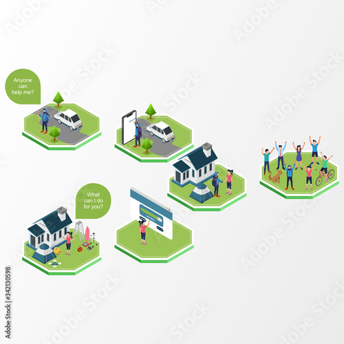 Isometric 3d vector illustration - Borrowing Marketplace - Man, woman, dog, house, car, bicycle, ladders, tent, surfboard - Landing page 2