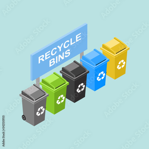 Isometric 3d vector illustration - Waste and Housekeeping in Construction Management - various recycling bin in different colors - Infographic