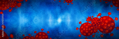 Watercolor drawing with red coronavirus isolated on blue