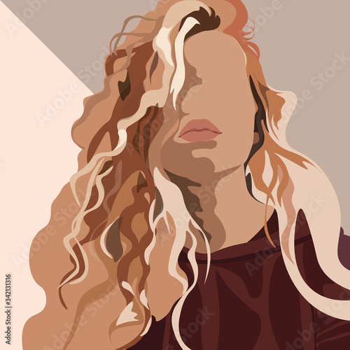 Vector illustration of an isolated young beautiful curly hair woman with plump leaps. Fashion portrait