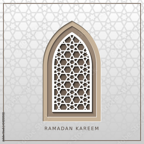 Ramadan kareem,generous Ramadan, card with islamic window. Vector papercut geometric template of card for ramazan greeting.