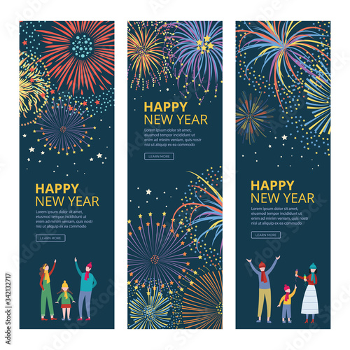 Happy new year - vertical banner template set with fireworks in night sky