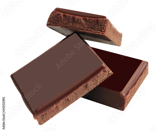 Delicious black chocolate shavings and pieces on white background, top view