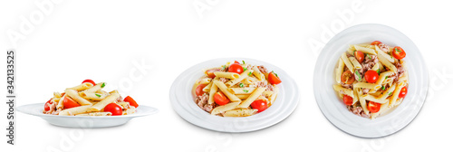 Canned Tuna tomato garlic parsley salad on a white isolated background