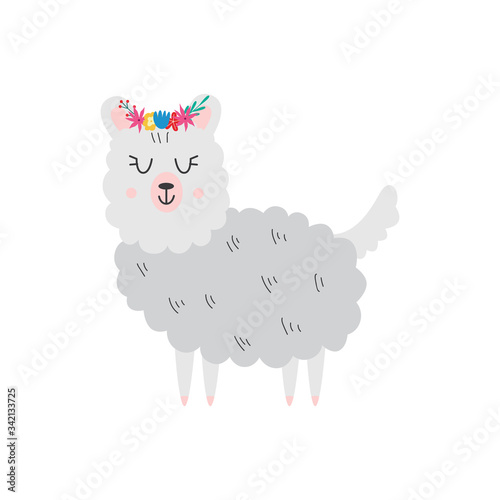 Cute cartoon llama with flower crown smiling with eyes closed