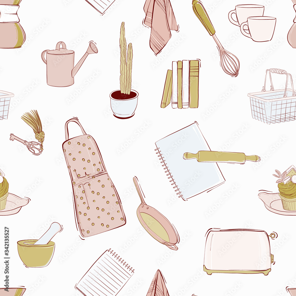 Kichen equipment doodle seamless pattern. Retro menu outline illustration sketch. Receipe pink yellow cooking design