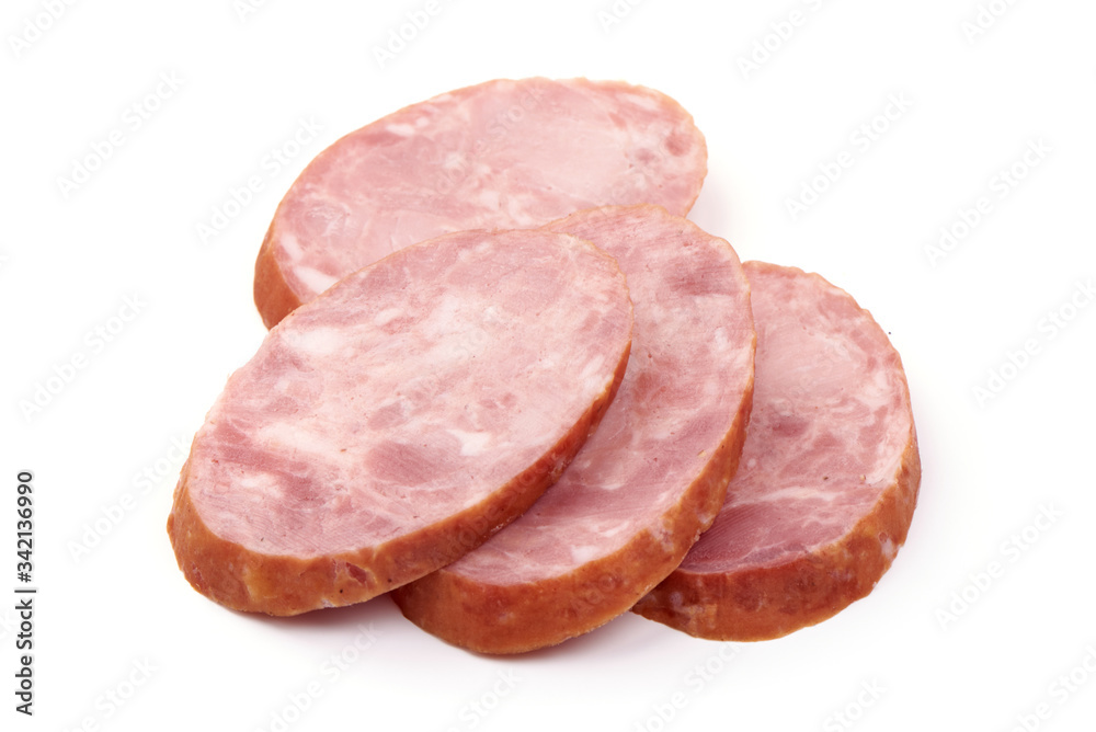 Smoked Ham sausage, isolated on white background