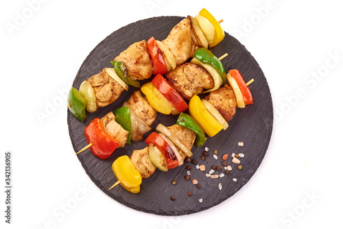 Grilled chicken skewers, roasted shish kebab BBQ, isolated on white background photo