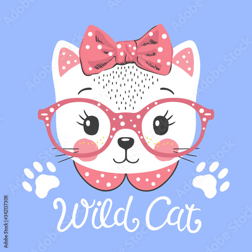 Cute cat girl face with glasses, bow. Wild Cat slogan. Vector illustration for children print design, kids t-shirt, baby wear