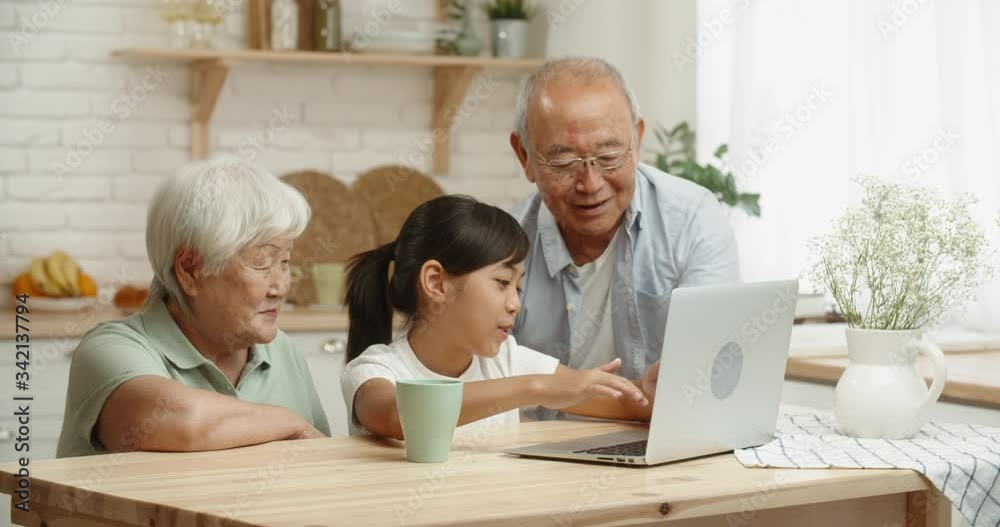 Senior asian couple together with their teen granddaughter who teaches them how to use a laptop, surfing through internet - family bonds and ties concept 4k footage Senior asian couple together with their teen granddaughter who teaches them how to use a laptop, surfing through internet - family bonds and ties concept 4k footage