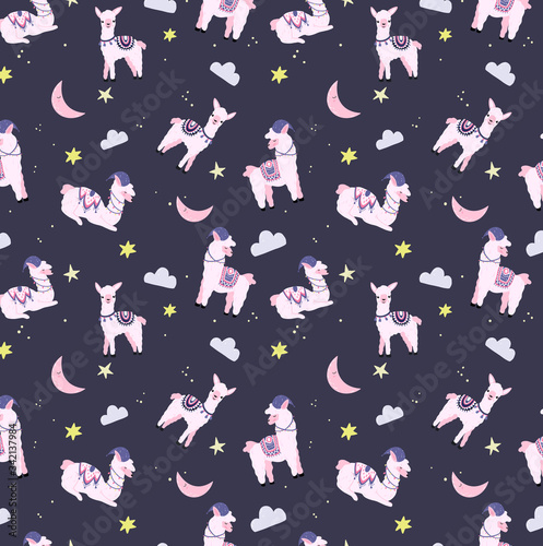 Cute pattern with pink llamas, month and stars. Pattern for textiles or other elements for the bedroom and sleep.