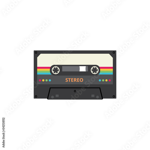 Stereo cassette tape with colorful retro stripes - vintage 80s music player