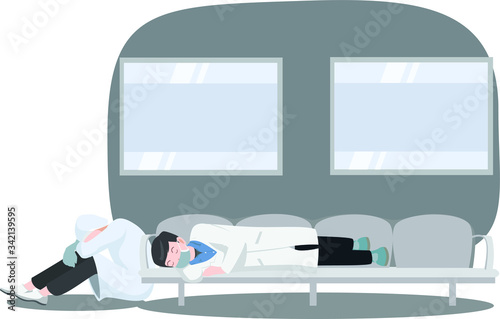 Tired doctors are resting around queue chair