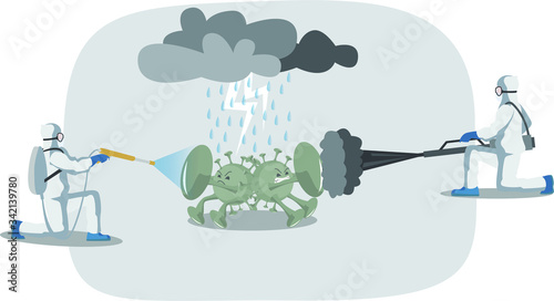 Medical staff are attacking corona virus wirh disinfectants illustration