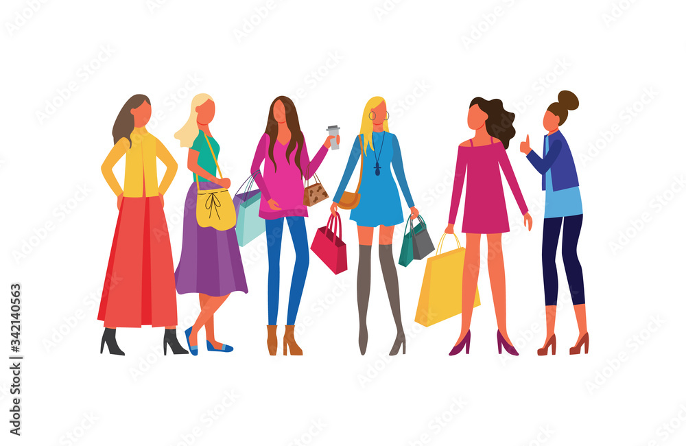 Group girls or young women with shopping bags flat vector illustration isolated. Group girls or young women with shopping bags flat vector illustration isolated.