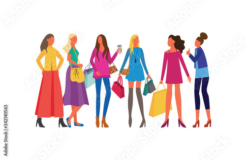 Group girls or young women with shopping bags flat vector illustration isolated.