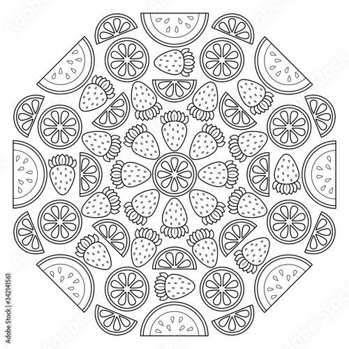 Circular fruit pattern in form of mandala. Vector illustration. Coloring book page.