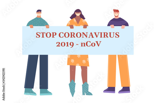 Coronavirus concept. Vector illustration with masked people. People are holding a poster.