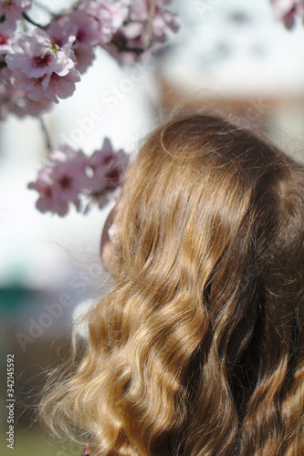 Little girl surrounded by blooming apricots