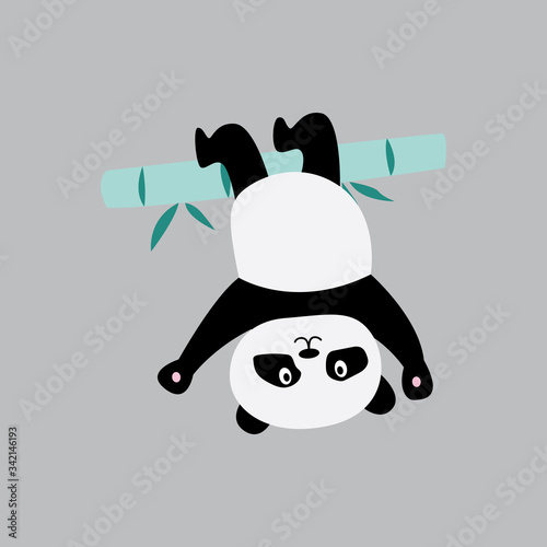 Cute cartoon panda hanging upside down on bamboo branch