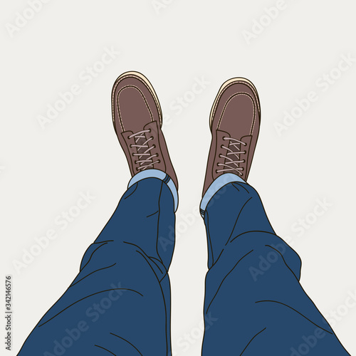 Sketch of selfie of feet in boots shoes and tight jeans, Top view, Line art style hand drawn doodle vector illustration.