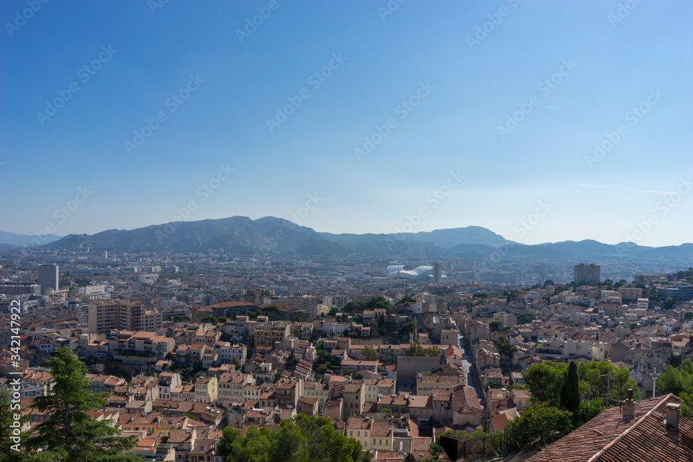The amazing areal view on Marseille from mountain where is church od Notre Dame de la Guarde , France