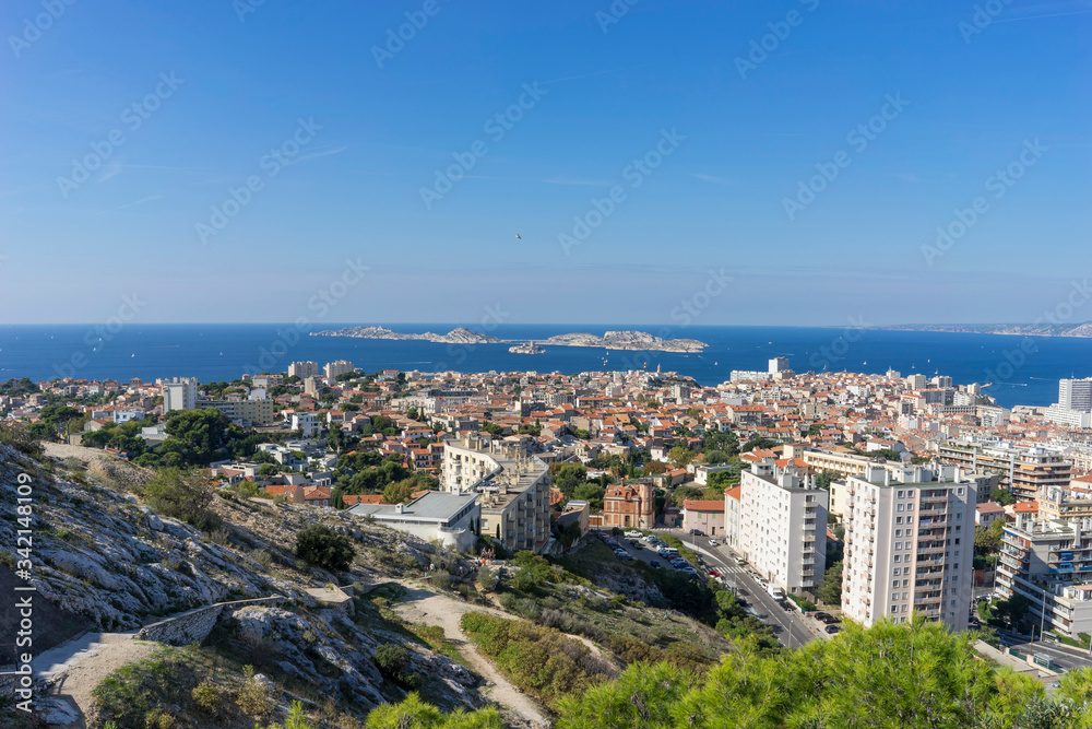 The amazing areal view on Marseille from mountain where is church od Notre Dame de la Guarde , France