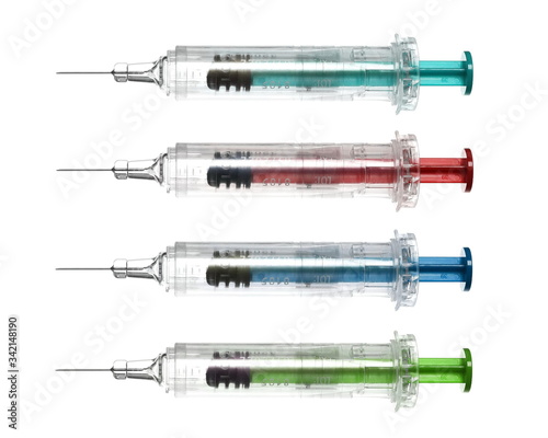 Medical vaccines, syringes with needles set and collection isolated on white background, clipping path