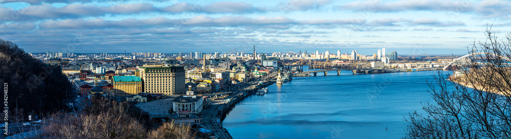 Panoramic view of Podol district and Dnypro river in Kyiv, Ukraine on January 12, 2020. 