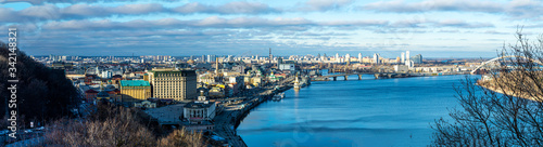 Panoramic view of Podol district and Dnypro river in Kyiv  Ukraine on January 12  2020. 