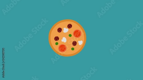Flat design cartoon with morphing where hamburger turns into pizza. Tomatoes, olives, lettuce, hunter sausages and mushrooms are scattered in all directions and land on pizza.