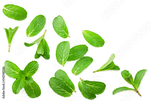 Fresh mint leaves isolated on white background. top view