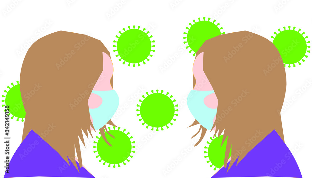Two stylized girls with medical masks facing each other with COVID-19 floating around them - colorful with white background