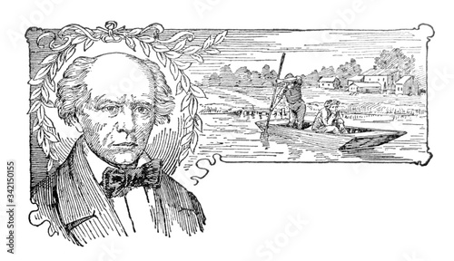 Man with large old fashion bow tie, balding, surrounded by wreath of leaves. village on the river with a man polling a small punt boat, another man sitting in front thinking.