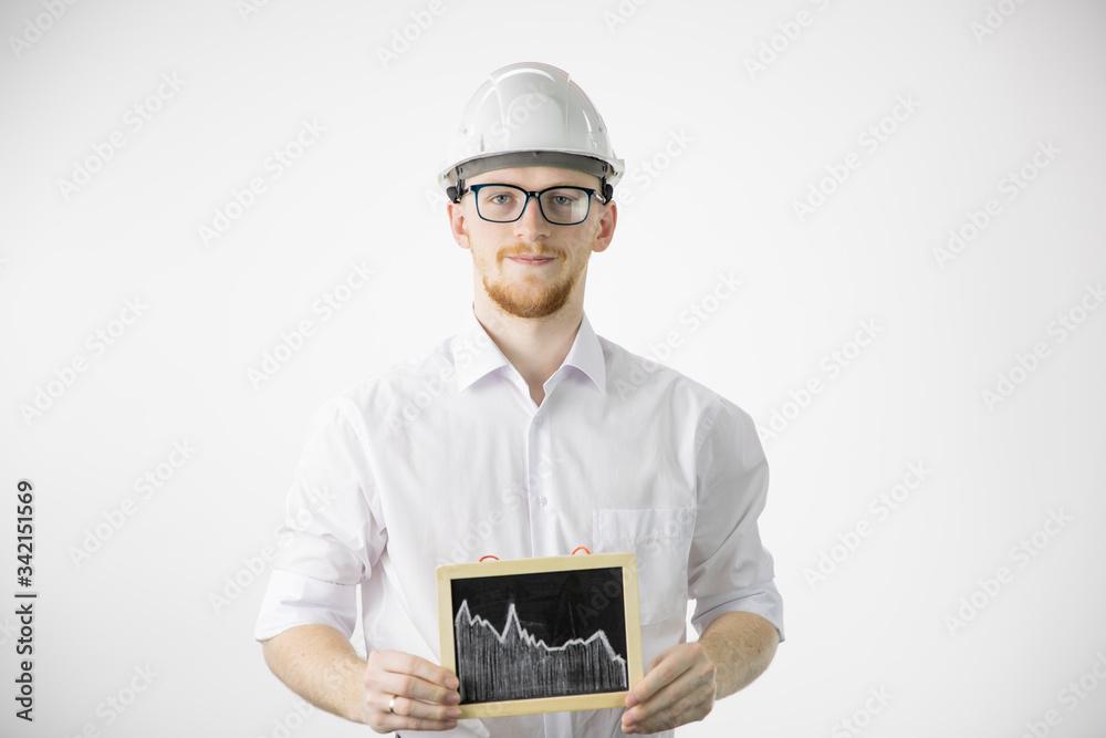 confident and positive businessman builder wearing white helmet keeps falling trend graph looks at camera isolated on white background . isolated on white background . confident and positive businessman builder wearing white helmet keeps falling trend graph looks at camera isolated on white background . isolated on white background .