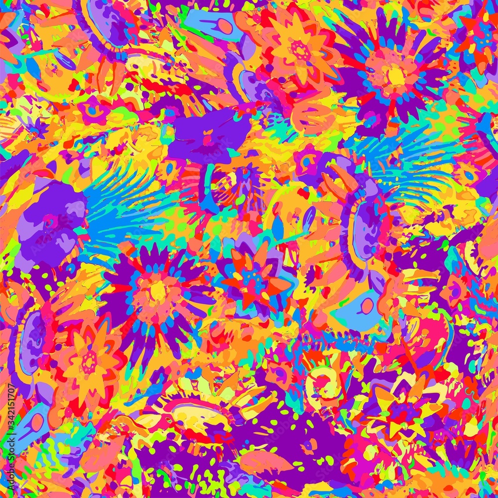 Exotic paradise plant seamless pattern. Art jungle , leaves and tropic palm tree. Print trendy multicolor silhouette painting brash floral summer vector background. Hawaiian Tropical floral print