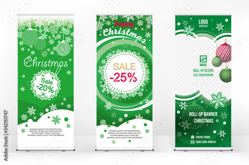 Roll-up Christmas banner design set, stylish green background and new year elements