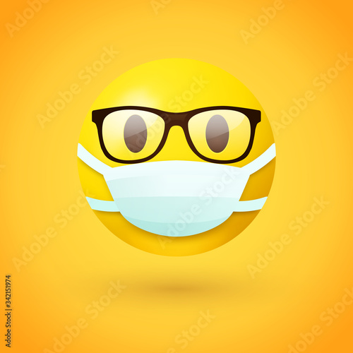 Emoji with glasses wearing mouth mask - yellow face with open eyes wearing a white surgical mask