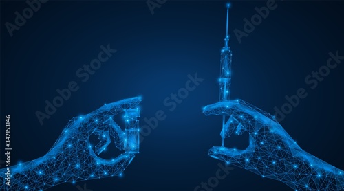 Vaccine. Hands of a person with a bottle of medication and a syringe. Triangular low-poly design. Blue background.