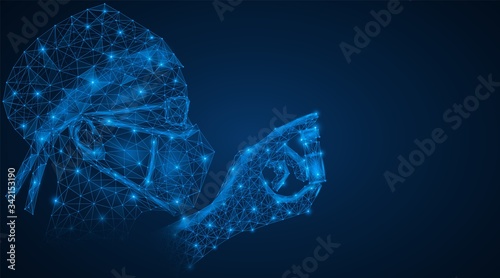 Doctor with medicine in hand. Prescribing medication to patients. A low-poly design consisting of lines and dots. Blue background. Free space for information.